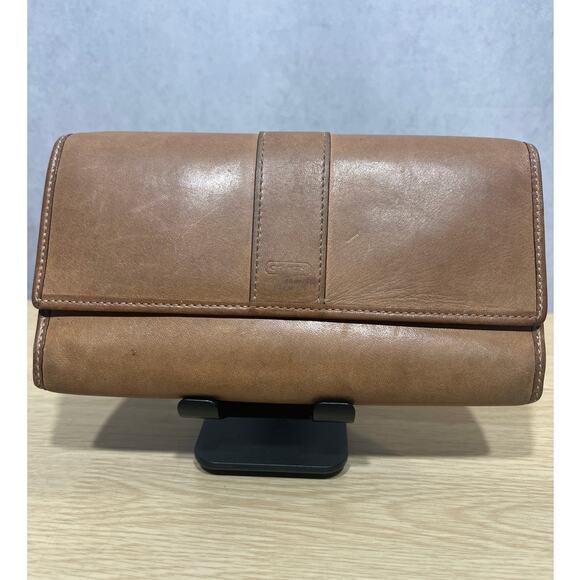 Vintage Coach Tan Genuine Leather Trifold Checkbook Wallet Some Flaws Do to Age - Picture 1 of 12